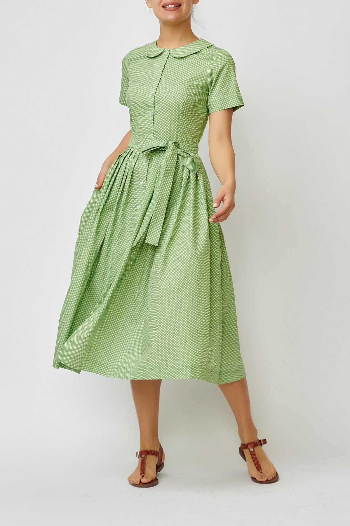 Rochie camasa midi de vara, din bumbac verde cu picatele