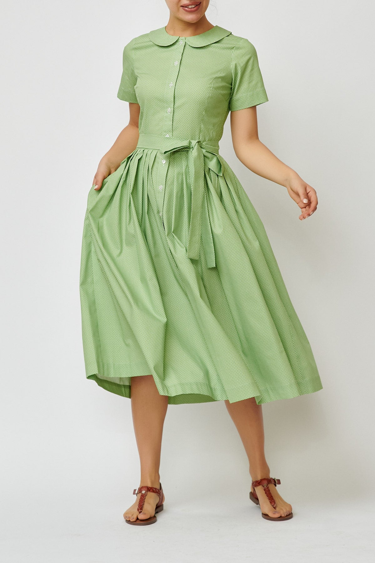 Rochie camasa midi de vara, din bumbac verde cu picatele