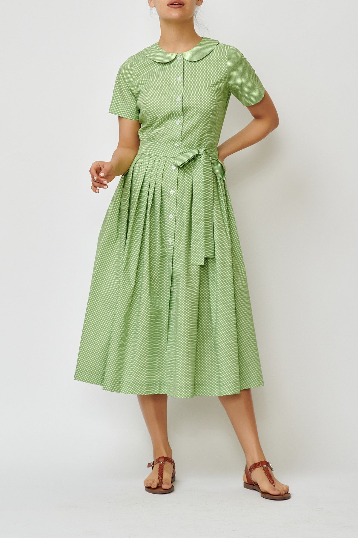 Rochie camasa midi de vara, din bumbac verde cu picatele