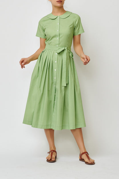 Rochie camasa midi de vara, din bumbac verde cu picatele