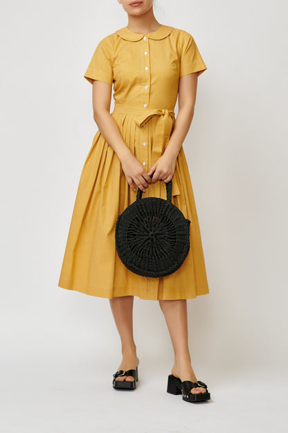 Summer midi shirt dress, made of mustard yellow cotton with polka dots