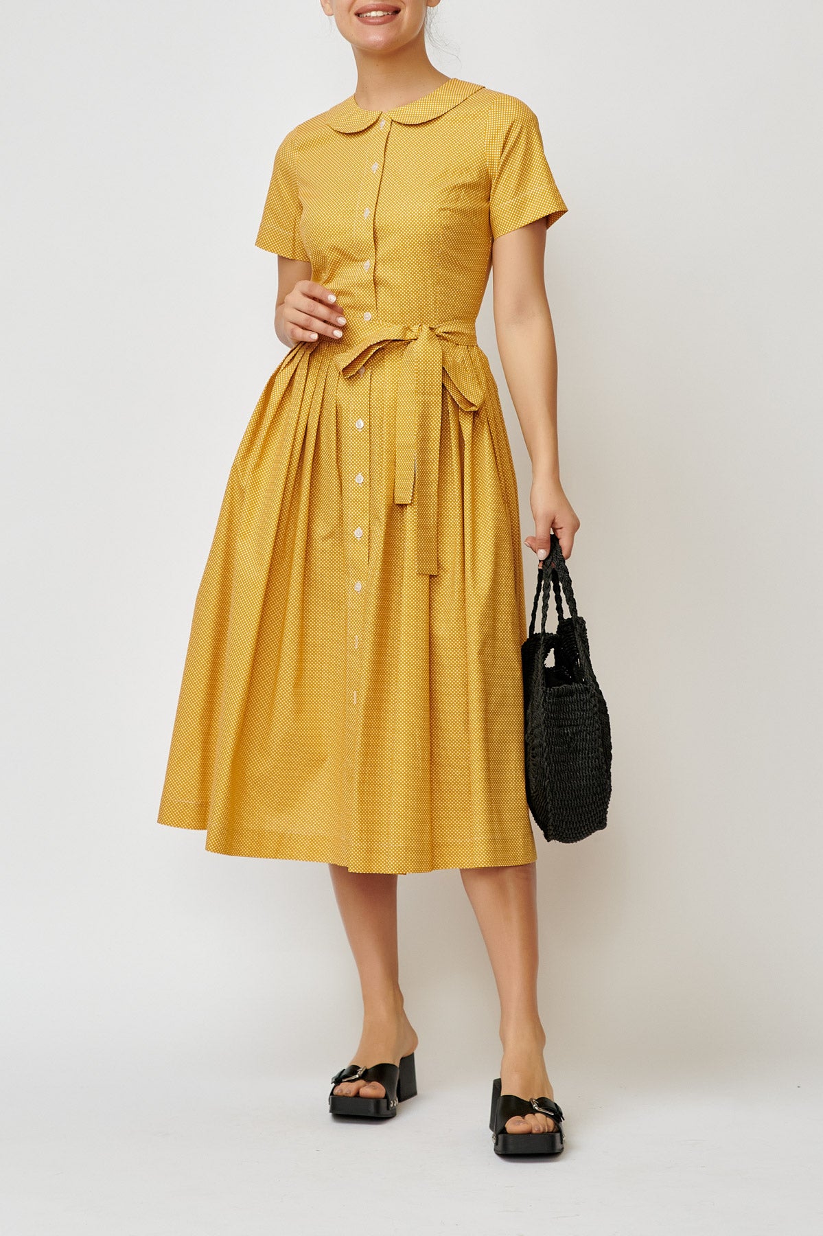 Summer midi shirt dress, made of mustard yellow cotton with polka dots