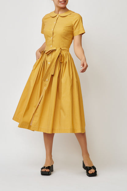 Summer midi shirt dress, made of mustard yellow cotton with polka dots