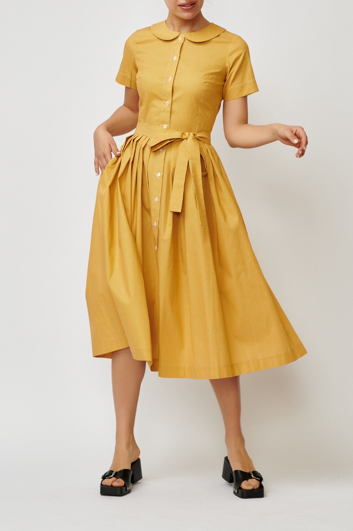 Summer midi shirt dress, made of mustard yellow cotton with polka dots