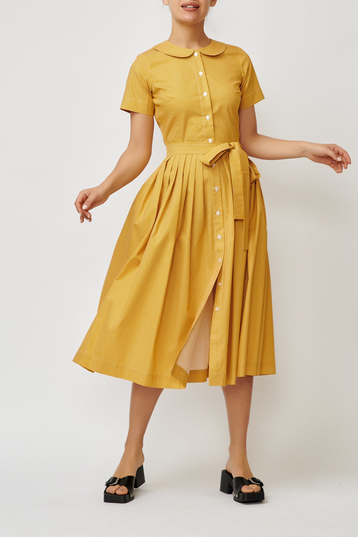 Summer midi shirt dress, made of mustard yellow cotton with polka dots