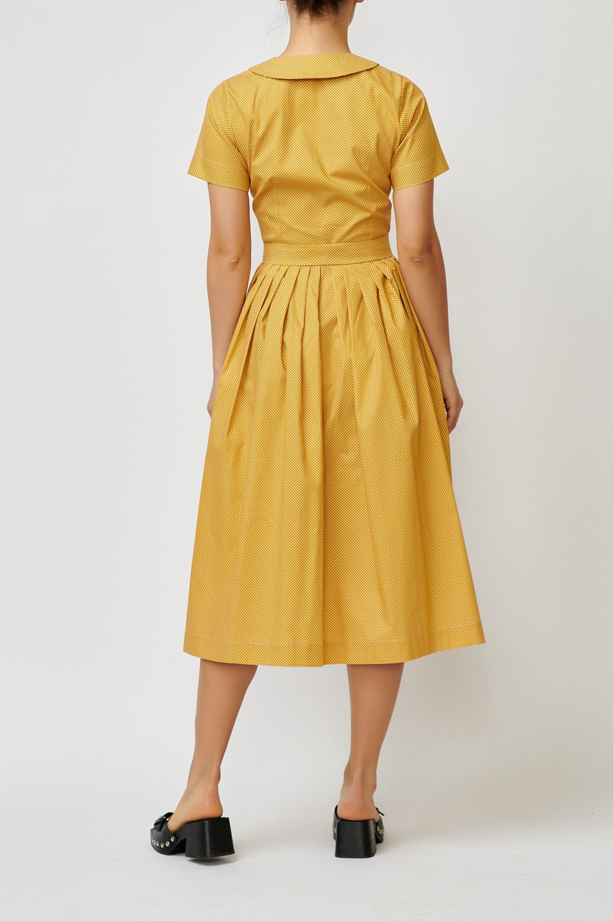 Summer midi shirt dress, made of mustard yellow cotton with polka dots