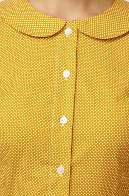 Summer midi shirt dress, made of mustard yellow cotton with polka dots