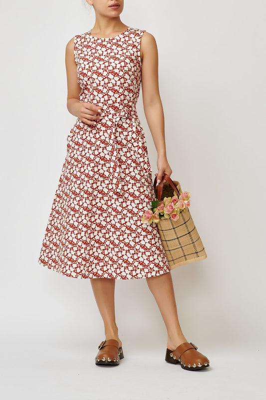 Sleeveless poplin dress with brick print