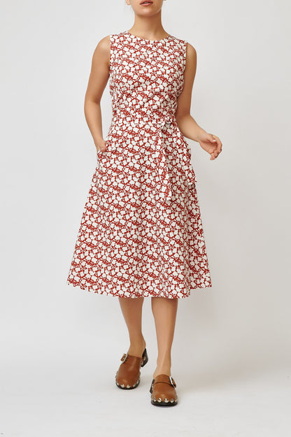 Sleeveless poplin dress with brick print