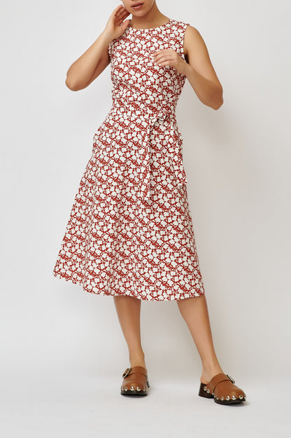 Sleeveless poplin dress with brick print