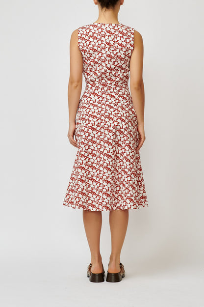 Sleeveless poplin dress with brick print