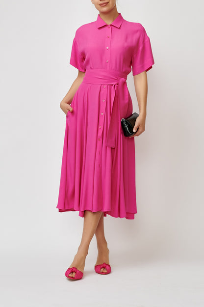 Rochie camasa midi din viscoza roz fucsia