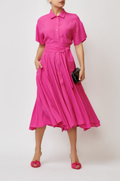 Rochie camasa midi din viscoza roz fucsia