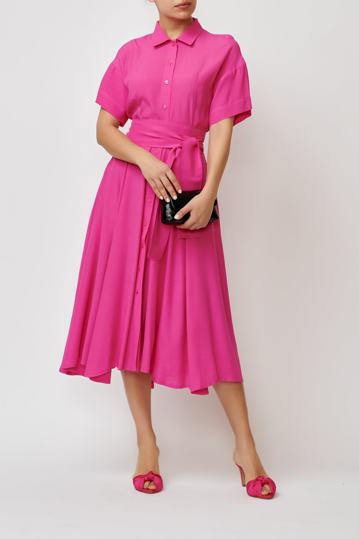 Rochie camasa midi din viscoza roz fucsia