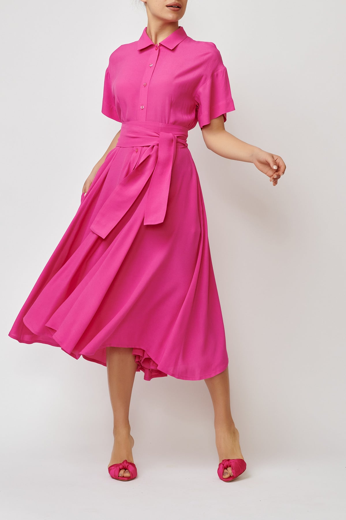 Rochie camasa midi din viscoza roz fucsia