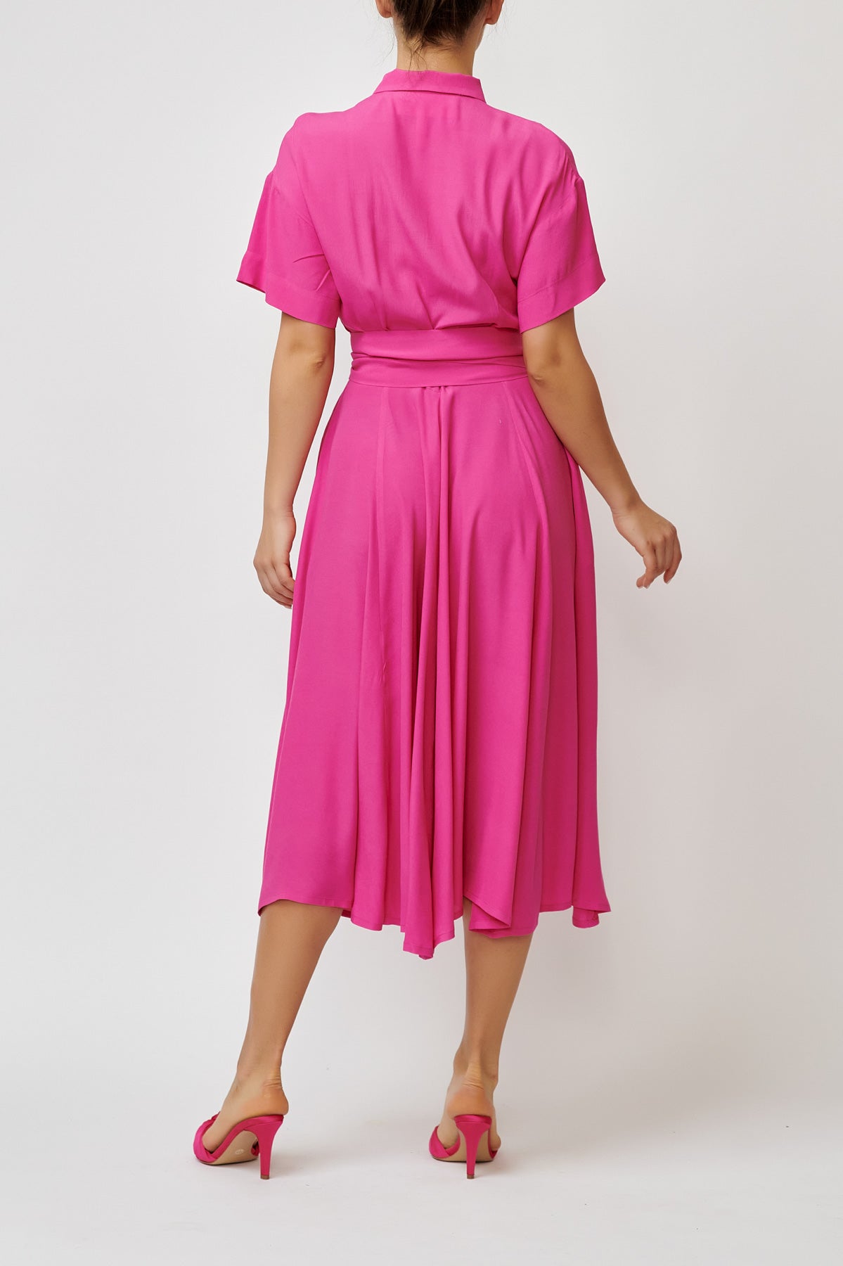 Rochie camasa midi din viscoza roz fucsia