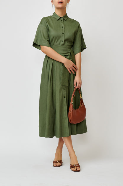 Rochie camasa din in cu viscoza verde-kaki