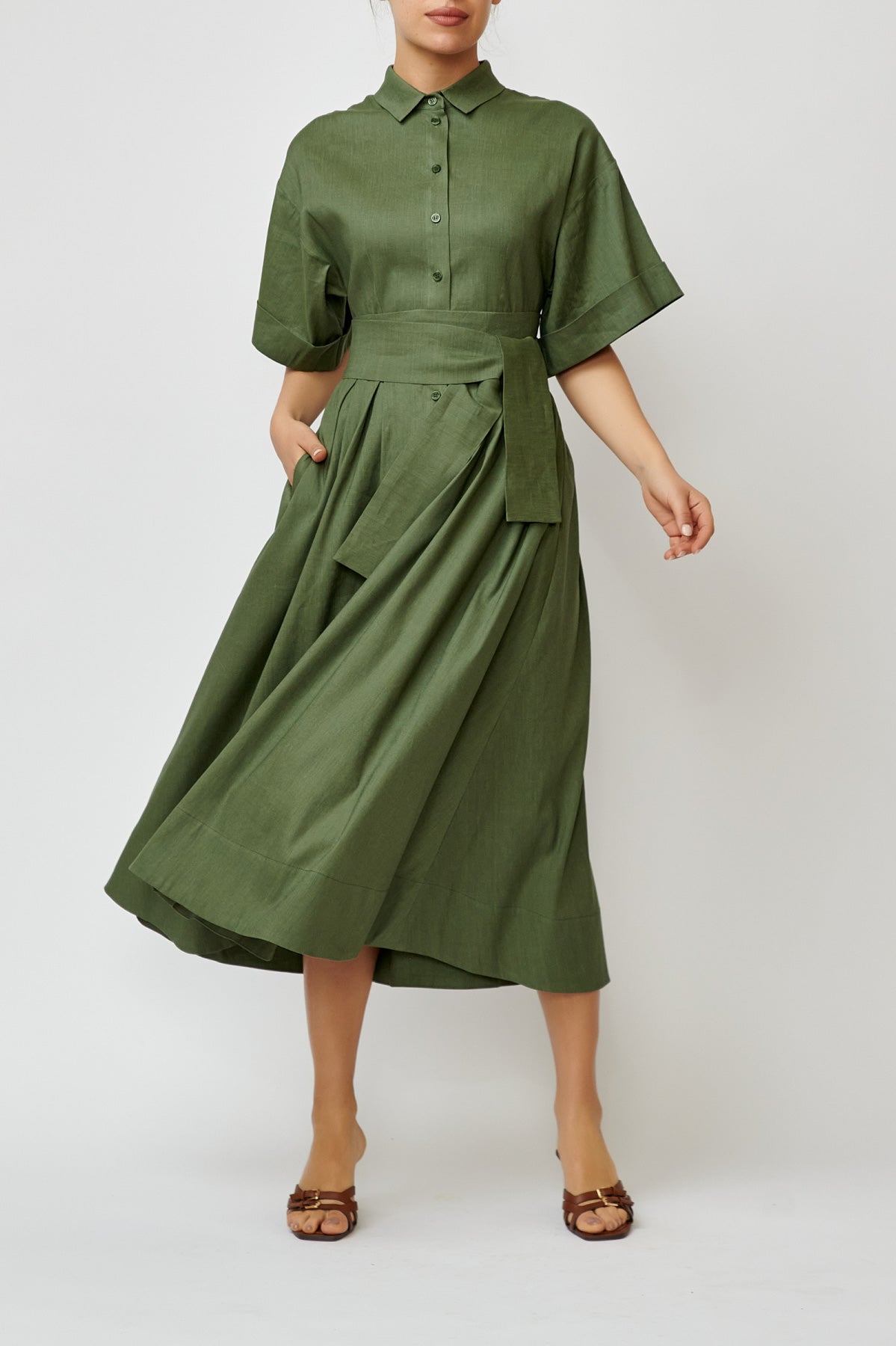 Rochie camasa din in cu viscoza verde-kaki