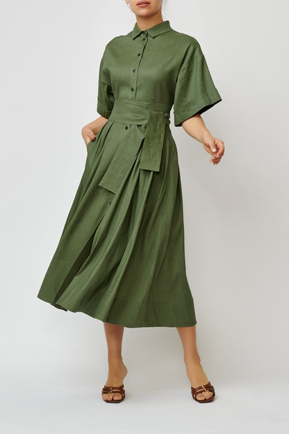 Rochie camasa din in cu viscoza verde-kaki