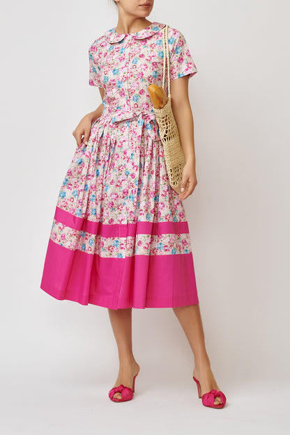 Shirt dress with short sleeves, in floral poplin with pink border