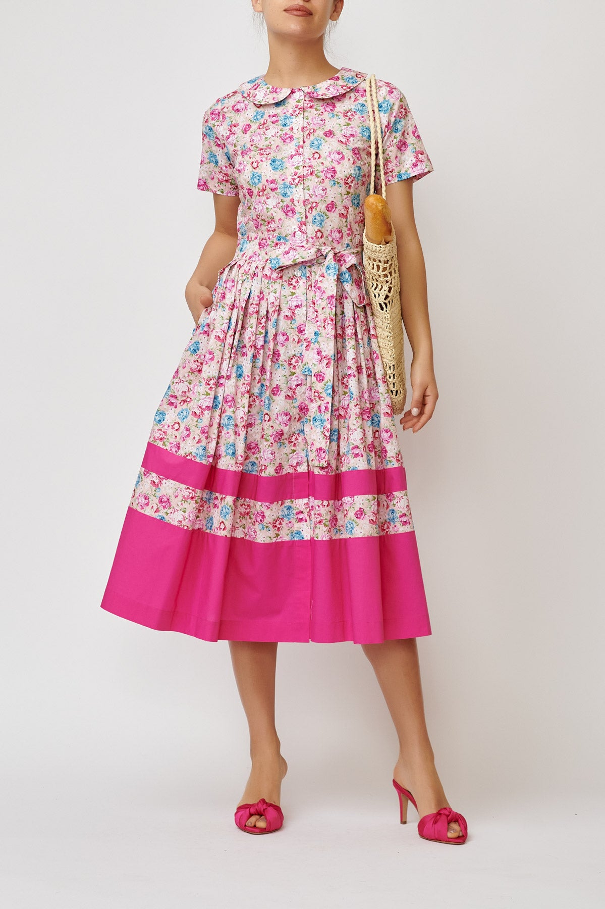 Shirt dress with short sleeves, in floral poplin with pink border