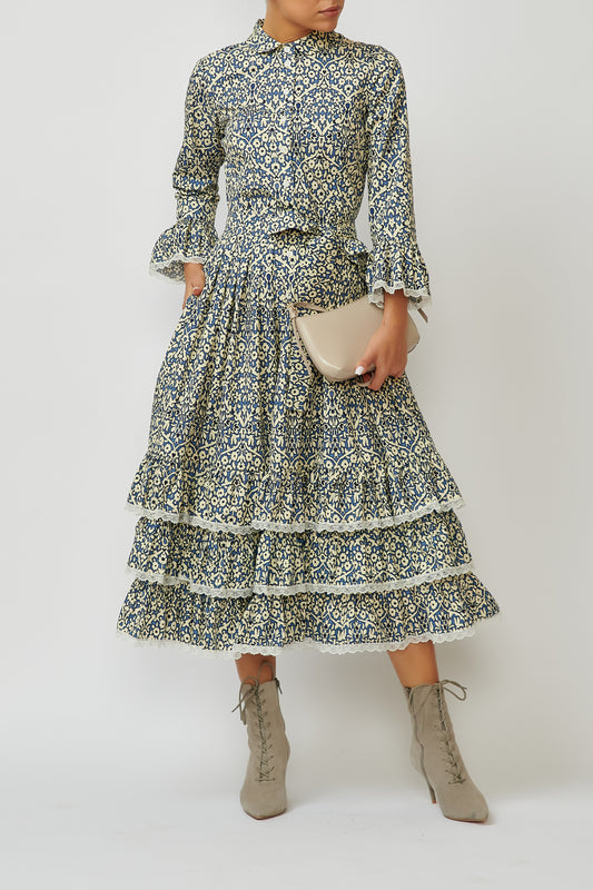 Cotton midi shirt dress with cream and blue ornament, and lace ruffles