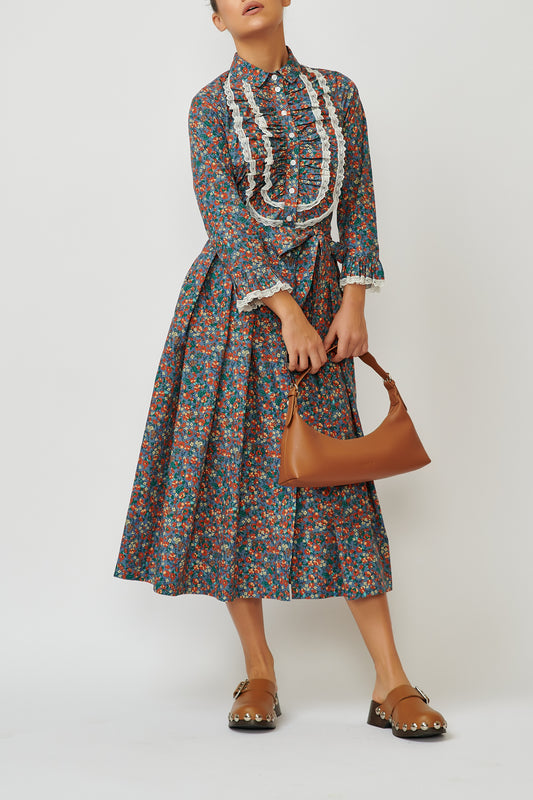 Cotton midi shirt dress with a print of small flowers on blue-grey