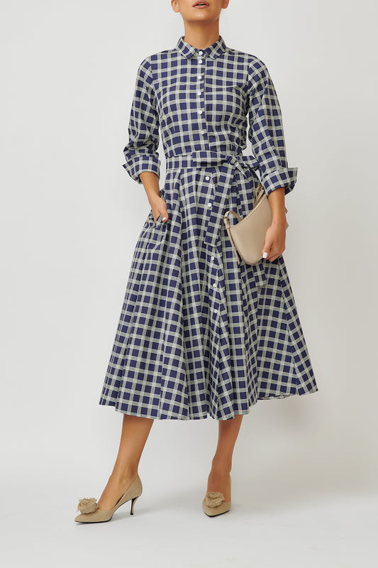 Cotton midi shirt dress, navy blue with checks