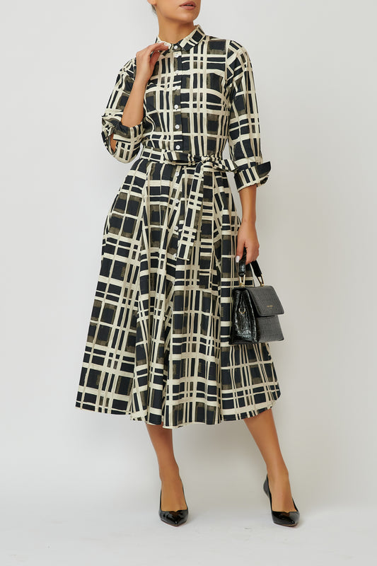 Midi shirt dress in cotton, with cream checks on black