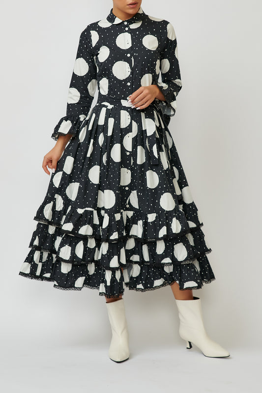 Cotton midi shirt dress with white polka dots on black, and lace ruffles