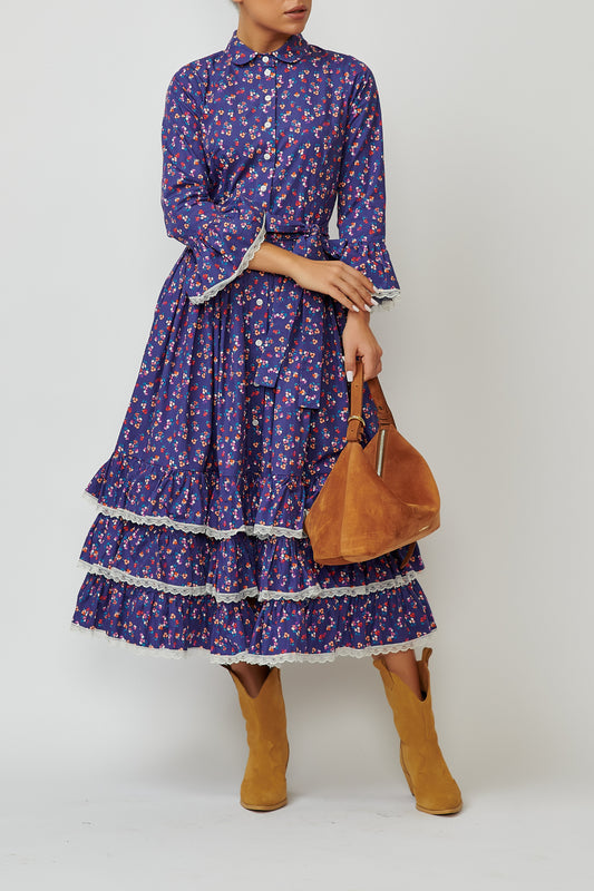 Midi cotton shirt dress with small navy blue flowers and lace ruffles