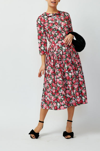 Shirt dress with roses on black