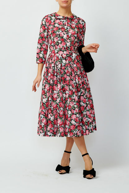 Shirt dress with roses on black