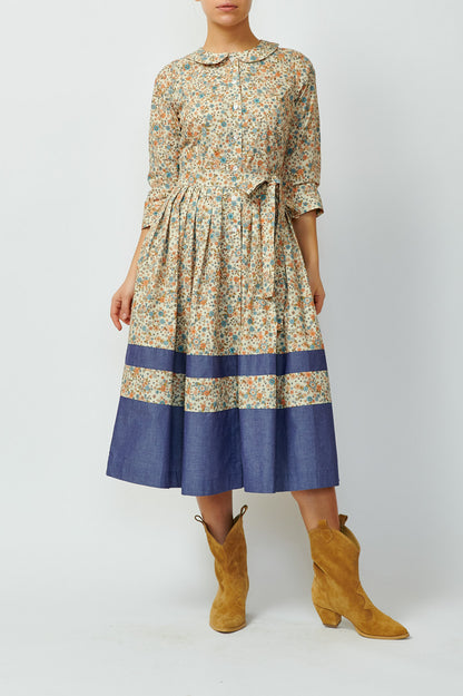 Shirt dress in small flowers and with a navy blue border