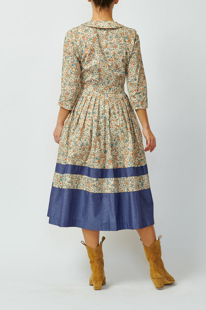 Shirt dress in small flowers and with a navy blue border