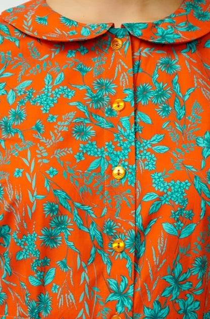 Rochie camasa midi din bumbac cu flori turcoaz pe oranj